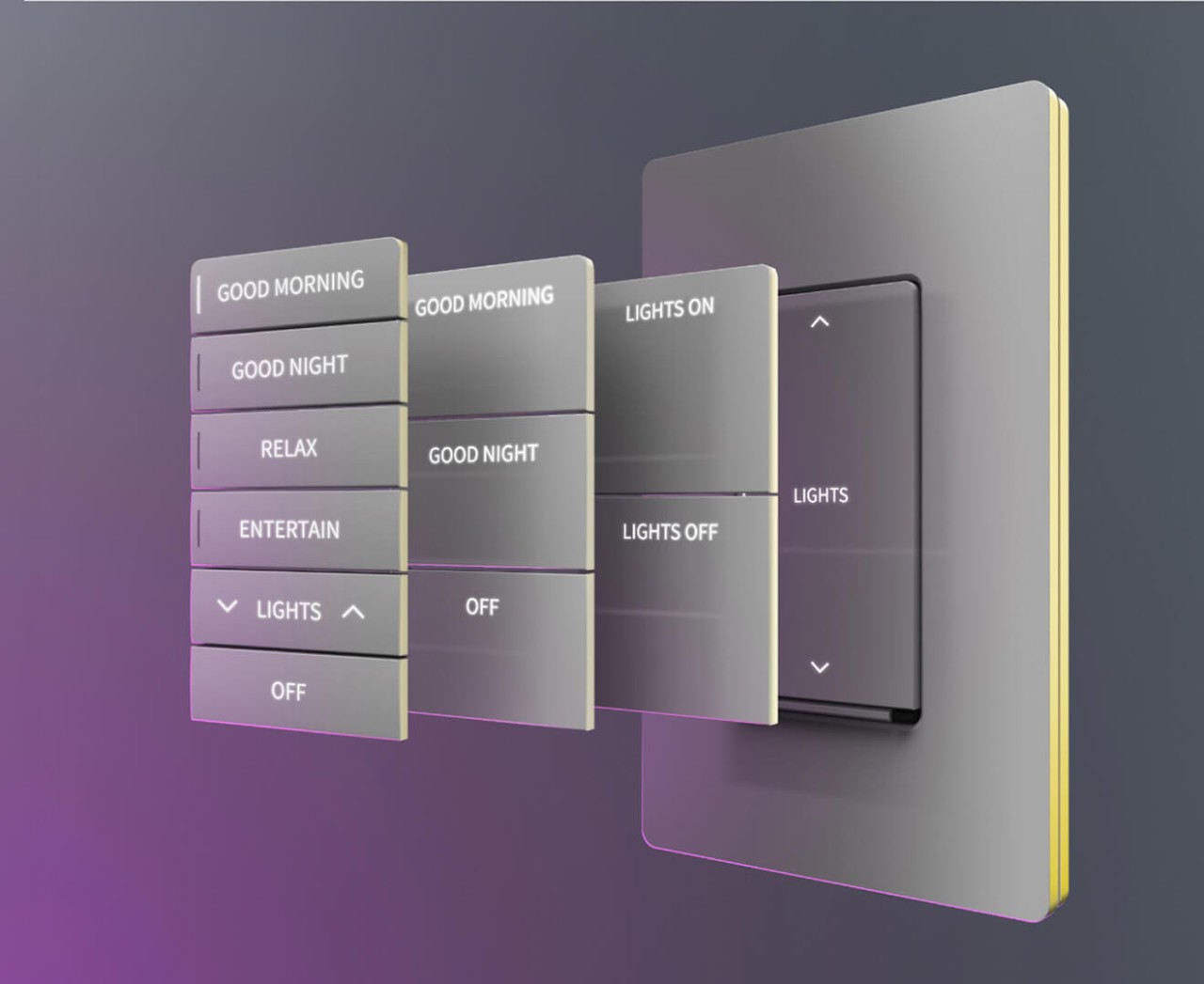 Exploded view of Crestron Cameo 2 keypad with custom lighting scene buttons like Good Morning and Entertain