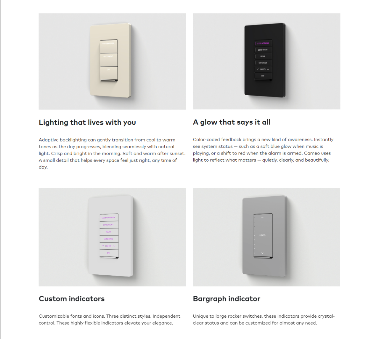 Crestron Cameo keypads showing adaptive backlighting, status indicators, and bargraph control for smart lighting