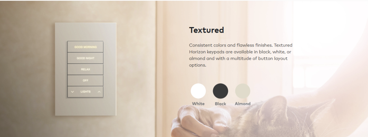 Textured finish Crestron Horizon keypad in a warm interior with white, black, and almond colour options